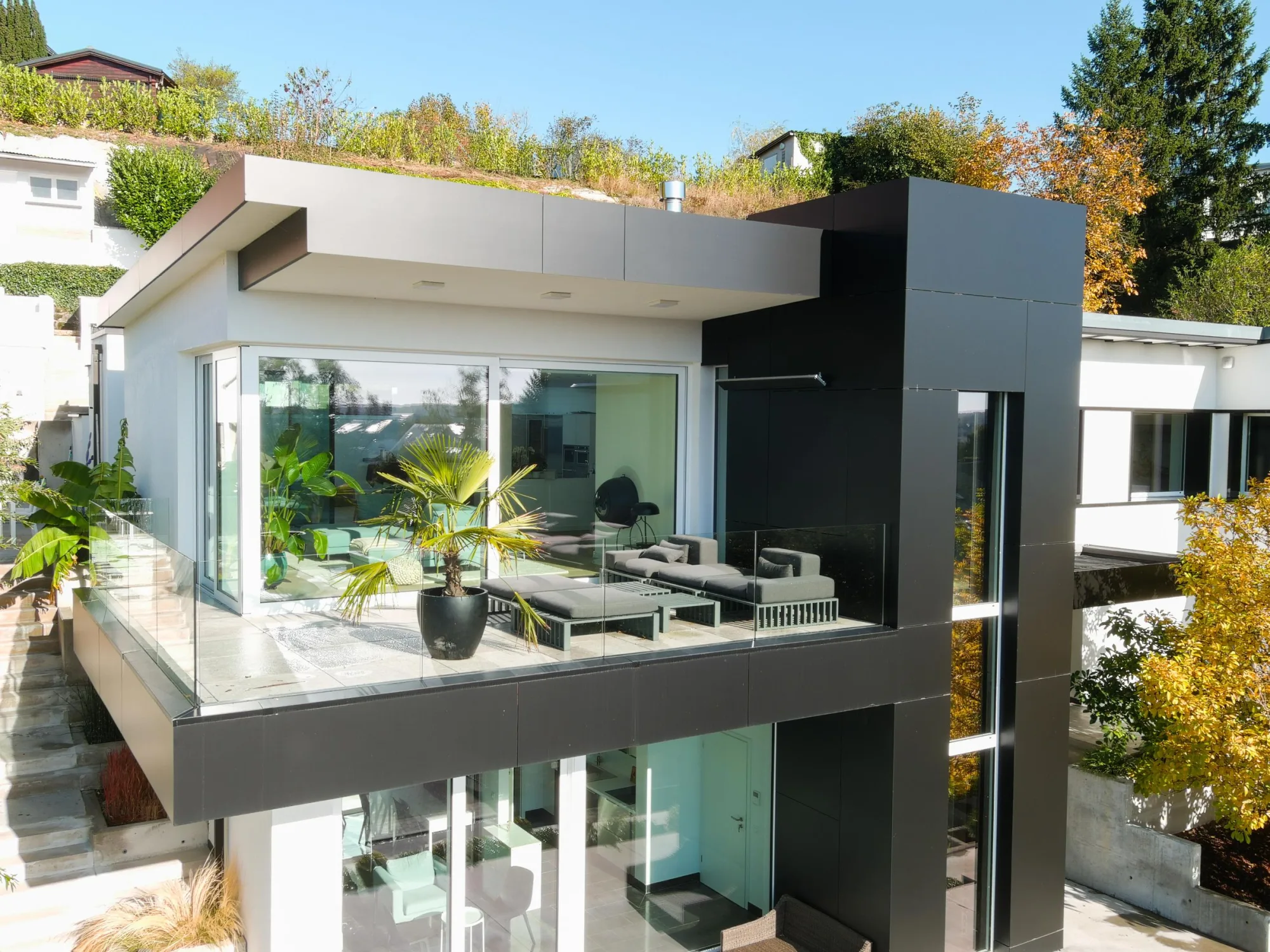 Modernes Wohnhaus mit begrüntem Flachdach und großen Fensterflächen