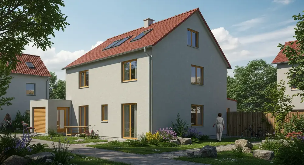 Saniertes Einfamilienhaus mit gedämmter Fassade und neuen Fenstern