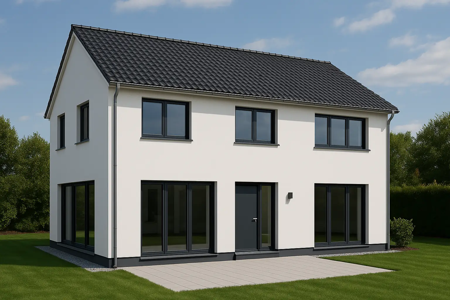 Weißes Einfamilienhaus mit dunklem Dach und großen Fenstern